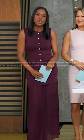 Rachel’s purple vest and layered skirt on Good Morning America
