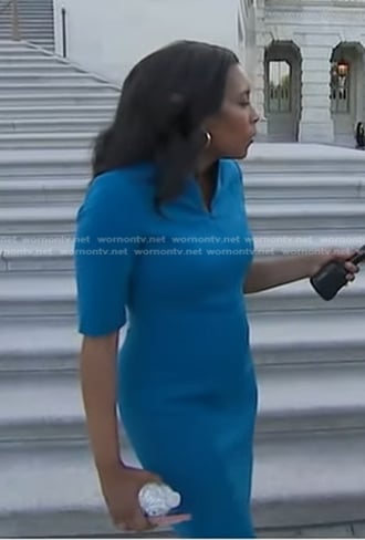Rachel’s teal stand collar dress on Good Morning America