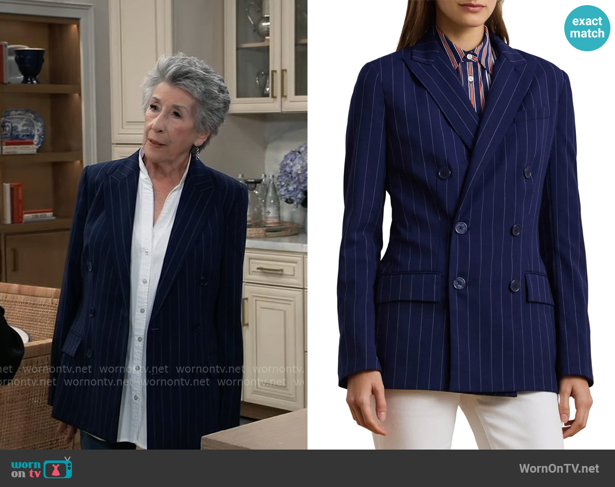 LAUREN Ralph Lauren Pinstripe Double Breasted Wool Blend Blazer worn by Gloria Cerullo (Ellen Travolta) on General Hospital