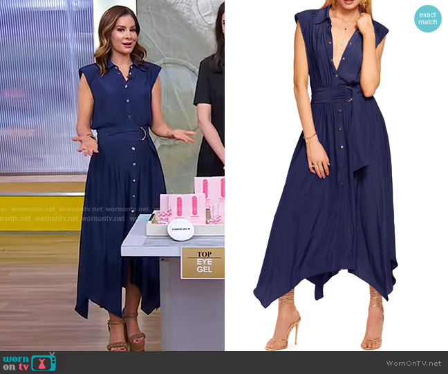 Ramy Brook Ivy Sleeveless Asymmetric Hem Shirtdress in Spring Navy worn by Rebecca Jarvis on Good Morning America