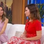 Rebecca's red short sleeve cardigan and print skirt on Good Morning America