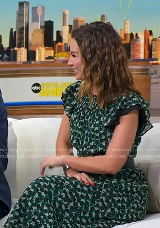 Rebecca’s green printed flutter sleeve dress on Good Morning America