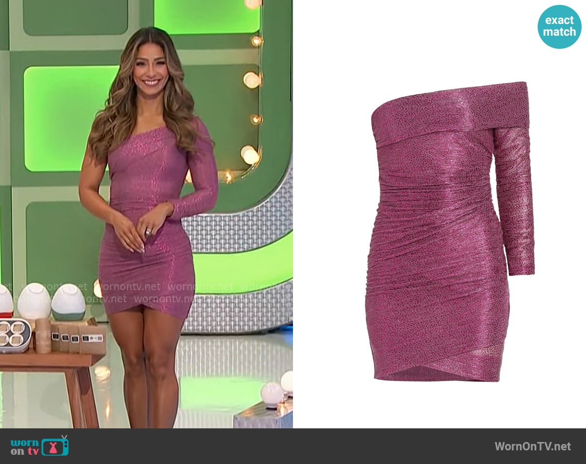 Sabina Musayev Mercury Metallic Off-The-Shoulder Minidress worn by Manuela Arbeláez on The Price is Right