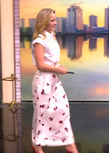 Sara’s white embellished collar top and cherry print skirt on The View