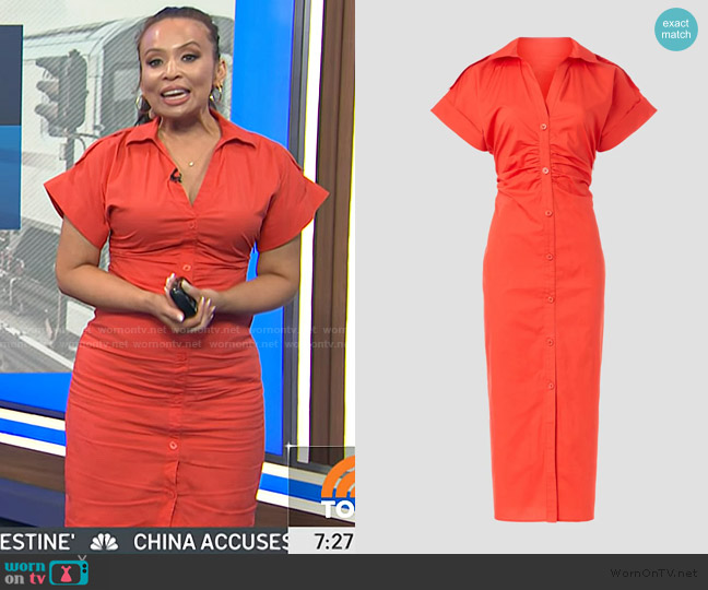 Saunders Collective Ruched Shirt Dress in Red worn by Adelle Caballero on Today