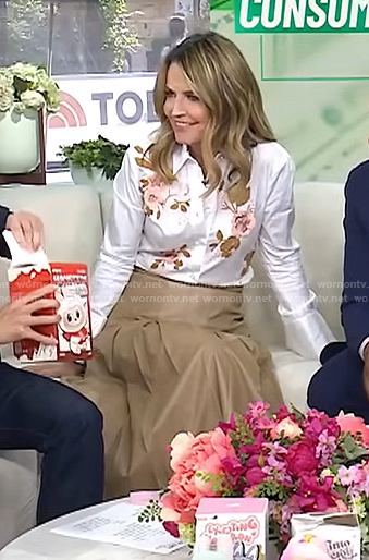 Savannah’s floral embroidered shirt and beige leather skirt on Today