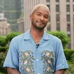 Scott’s blue floral print shirt on Access Hollywood
