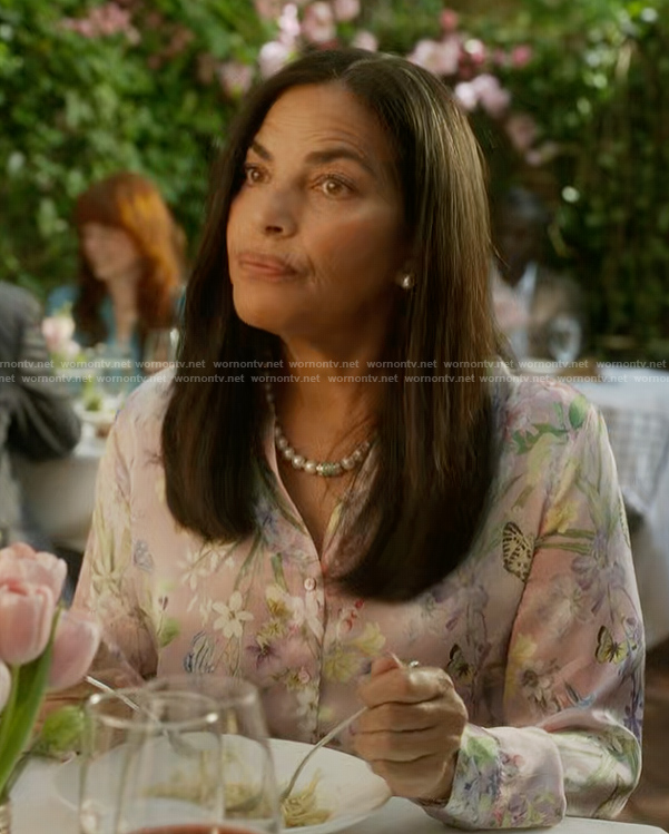 Seema’s pink floral print blouse on And Just Like That