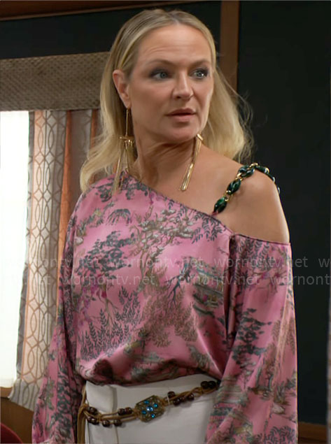 Sharon’s pink printed asymmetric shoulder top on The Young and the Restless