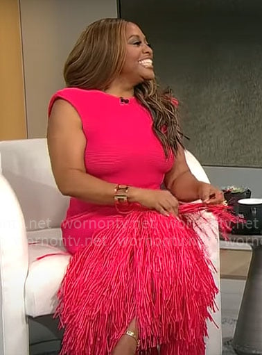 Sherri Shepherd’s pink fringed midi dress on CBS Mornings