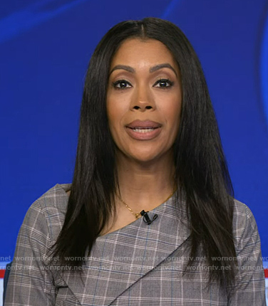 Shirleen’s grey plaid asymmetric dress on Good Morning America