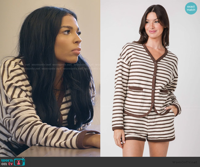 Social Threads Mustard Seed Contrast Trim Striped Cardigan worn by Layla Taylor on The Secret Lives of Mormon Wives