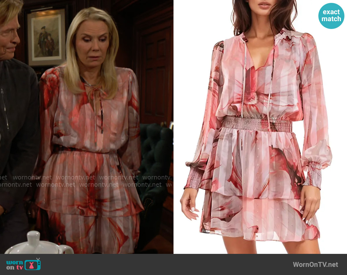 Socialite Print Metallic Tiered Long Sleeve Minidress worn by Brooke Logan (Katherine Kelly Lang) on The Bold and the Beautiful