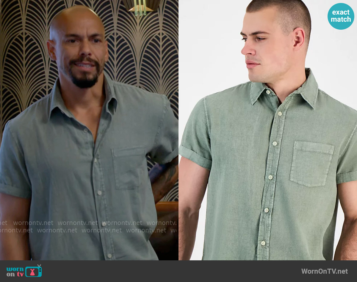 Sun + Stone Blake Linen Chambray Short Sleeve Button-Front Shirt in Vintage Sage worn by Devon Hamilton (Bryton James) on The Young and the Restless