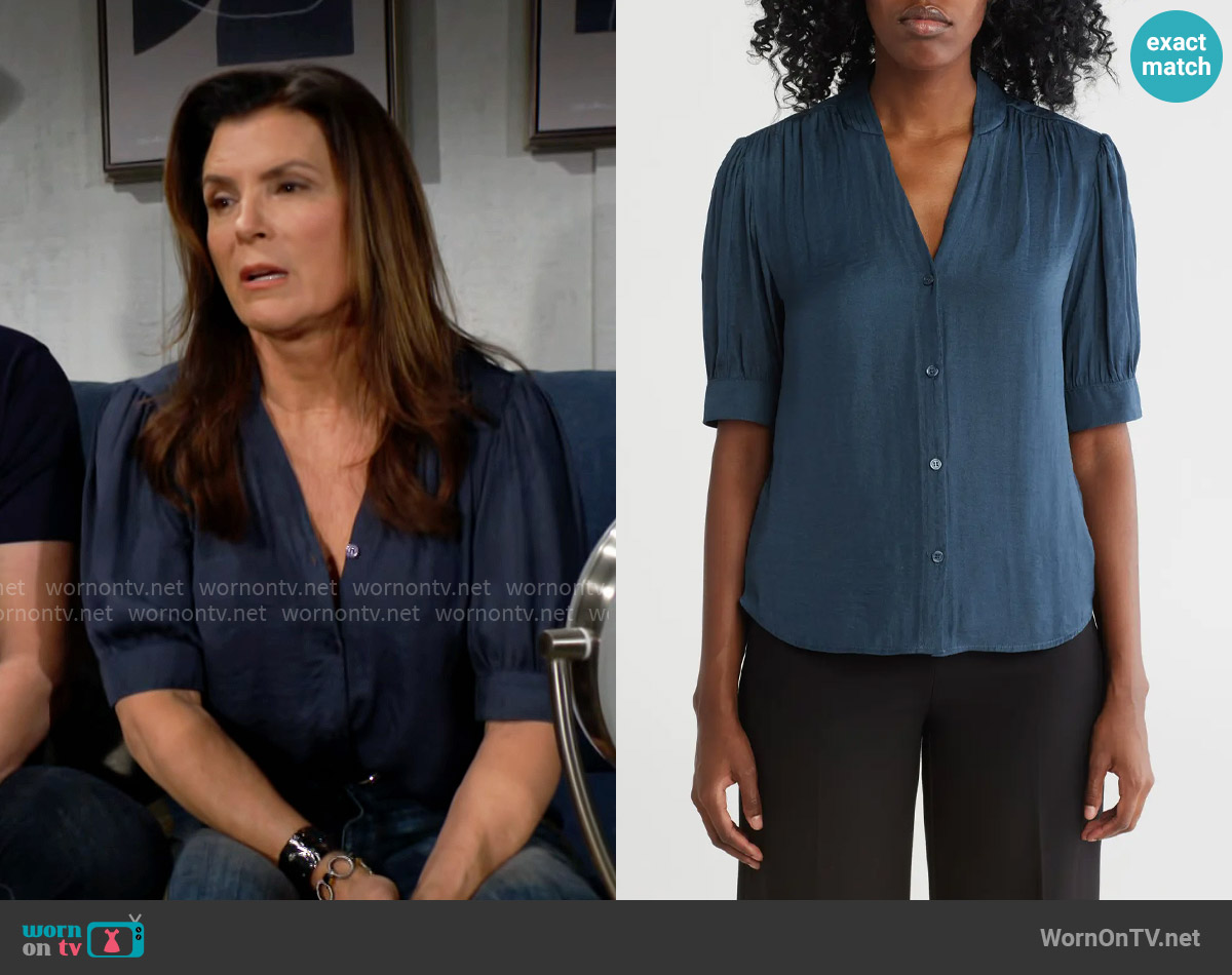 T Tahari Short Sleeve Airflow Blouse in Solid Slate Blue worn by Sheila Carter (Kimberlin Brown) on The Bold and the Beautiful