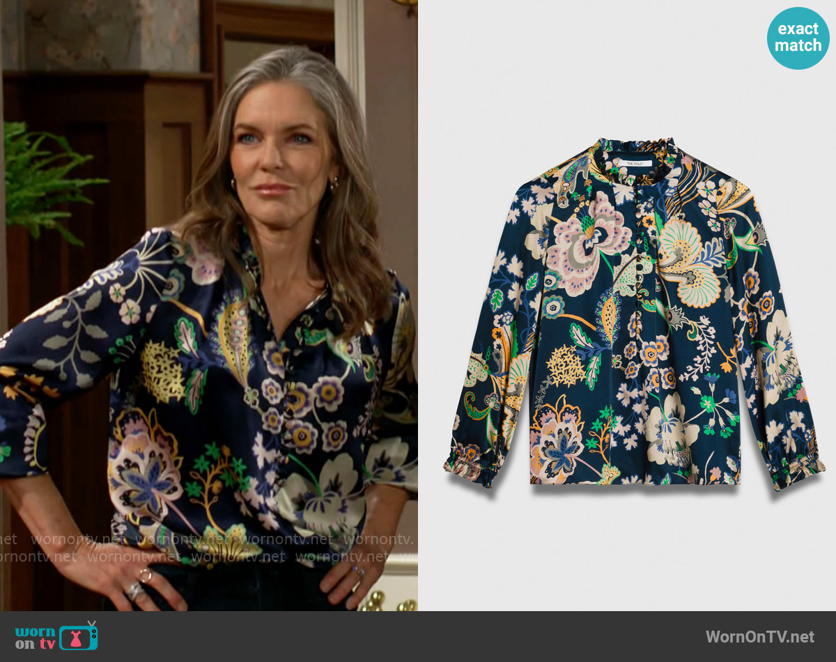 The Fold London Tierney Blouse Navy Silk Satin Made With Liberty Fabric worn by Diane Jenkins (Susan Walters) on The Young and the Restless