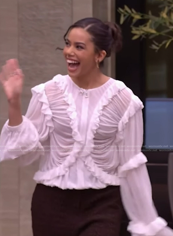 Antonia Gentry’s white ruffled blouse on Live with Kelly and Mark