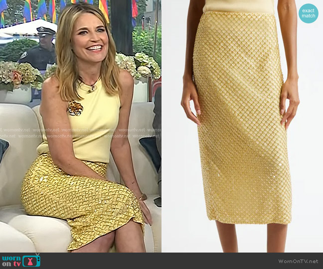 Veronica Beard Allora Beaded Midi Skirt in Chamomile worn by Savannah Guthrie on Today