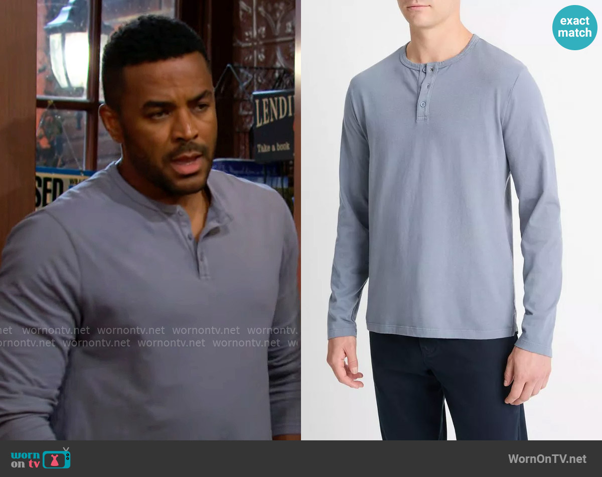 Vince Garment Dye Cotton Long-Sleeve Henley in Washed Evening Mist worn by Nate Hastings (Sean Dominic) on The Young and the Restless
