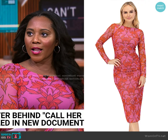 Vince Camuto Bodycon Mesh-Sleeve Ruched Dress in Pmu worn by Kay Angrum on NBC News Daily