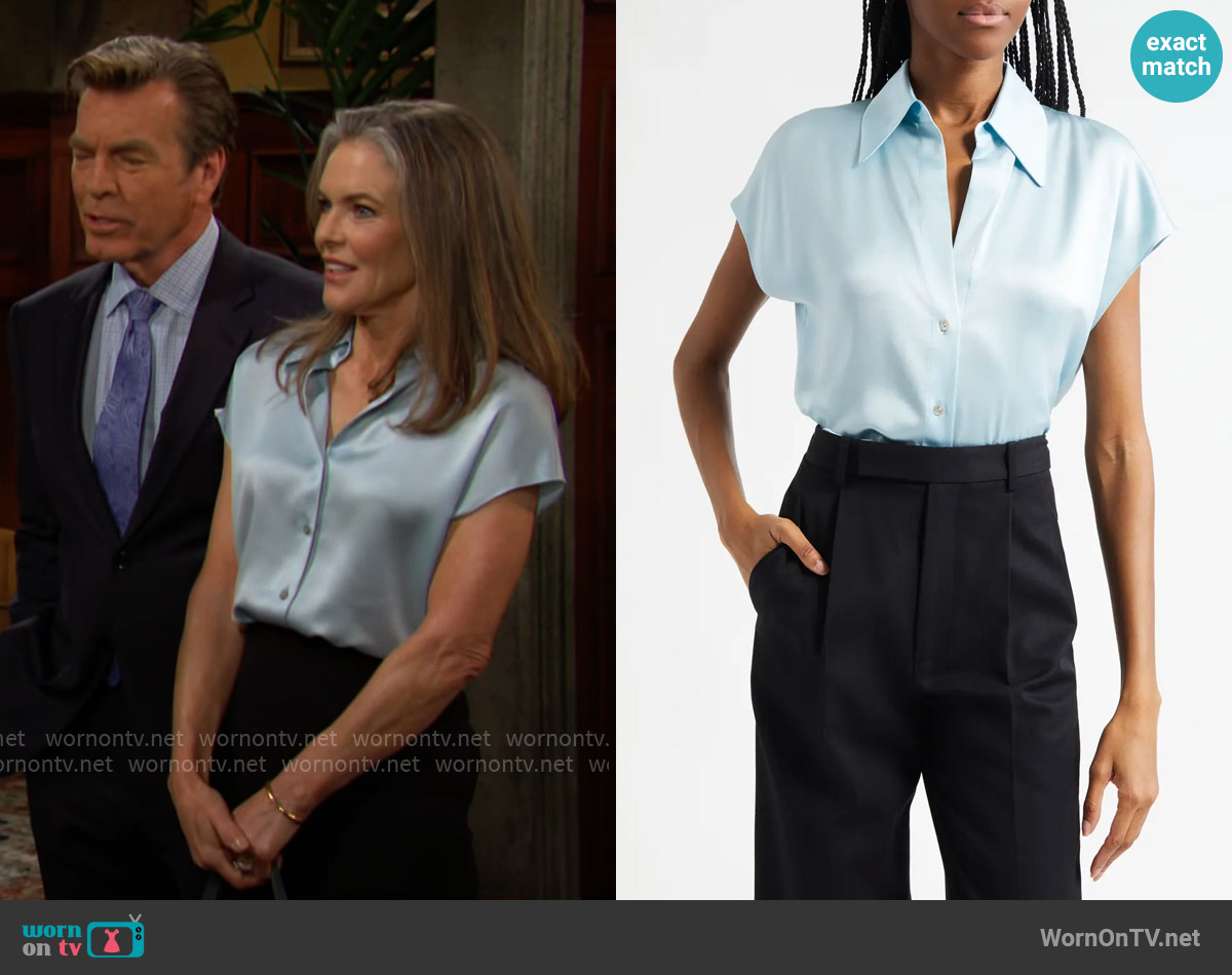 Vince Cap Sleeve Gathered Back Short Sleeve Silk Button-Up Shirt in Celeste worn by Diane Jenkins (Susan Walters) on The Young and the Restless