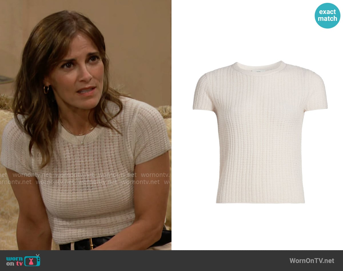 Vince Waffle Knit Short-Sleeve Sweater in White Sand worn by Taylor Hayes (Rebecca Budig) on The Bold and the Beautiful