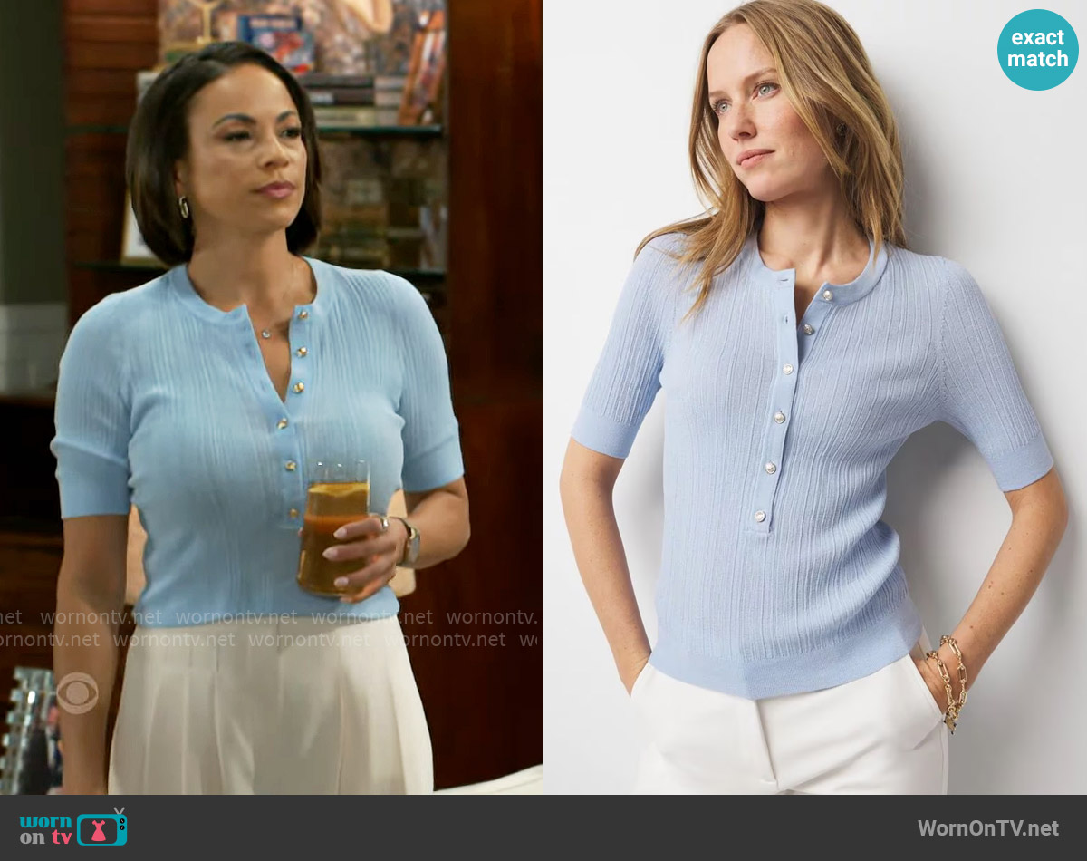 White House Black Market Elbow-Sleeve Henley Sweater in Chambray Blue worn by Naomi Hamilton Hawthorne (Arielle Prepetit) on Beyond the Gates
