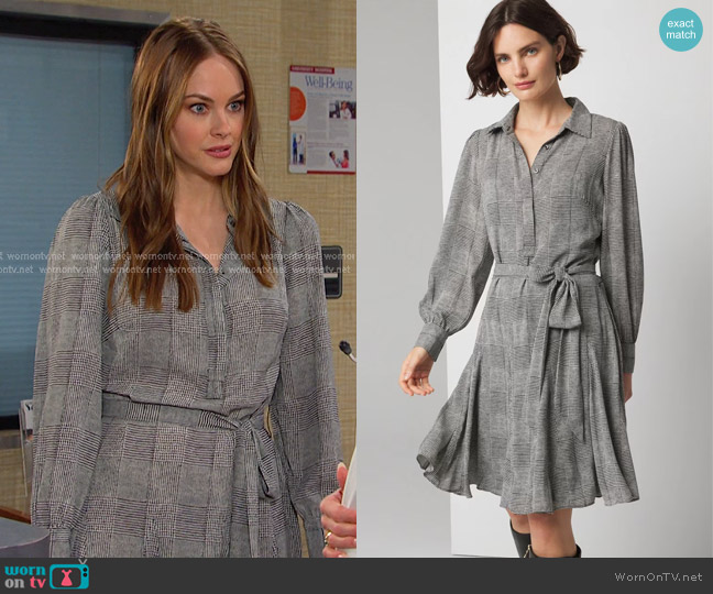 White House Black Market Long Sleeve Shirt Dress in Texture Mix Ecru worn by Stephanie Johnson (Abigail Klein) on Days of our Lives