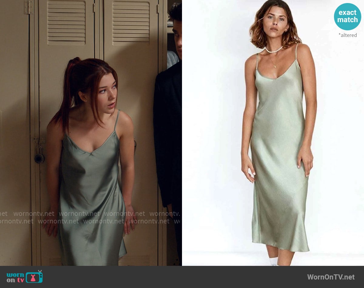 Wilfred Only Slip Dress in Sage Green worn by Abby Littman (Katie Douglas) on Ginny & Georgia