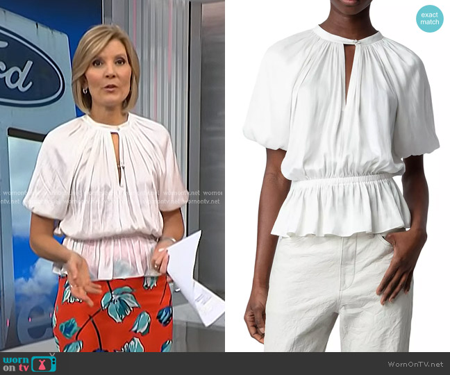 Zadig & Voltaire Tomina Draped Satin Blouse in Judo worn by Kate Snow on NBC News Daily