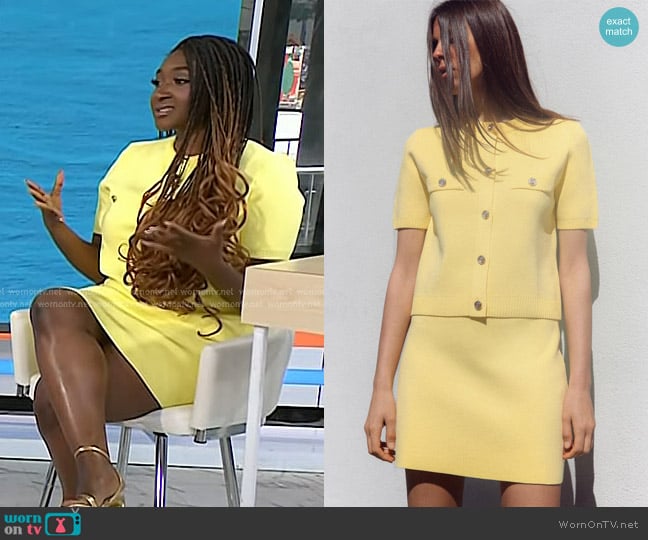 Zara Short Sleeve Knit Cardigan in Yellow worn by Valerie Agyeman on Today