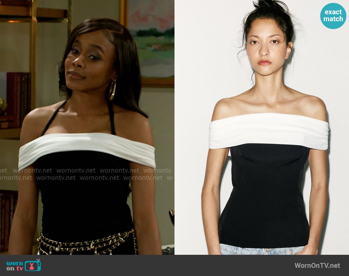 Zara Off the Shoulder Combination Top worn by Hayley Lawson (Marquita Goings) on Beyond the Gates