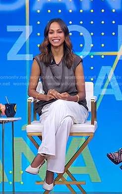 Zoe Saldaña’s grey organza top and white pants on Good Morning America