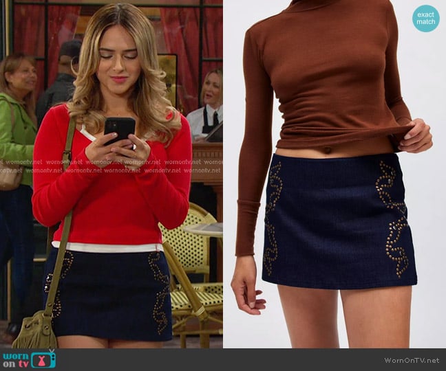 Ecote Lulu Denim Studded Low Rise Mini Skirt worn by Holly Jonas (Ashley Puzemis) on Days of our Lives
