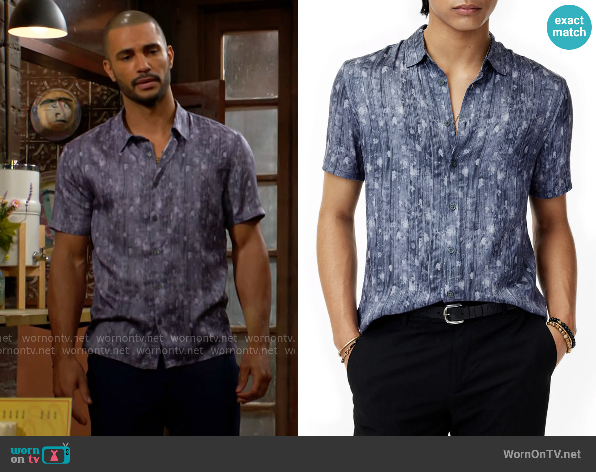 John Varvatos Sean Shirt in Blue Smoke worn by Holden Novak (Nathan Owens) on The Young and the Restless