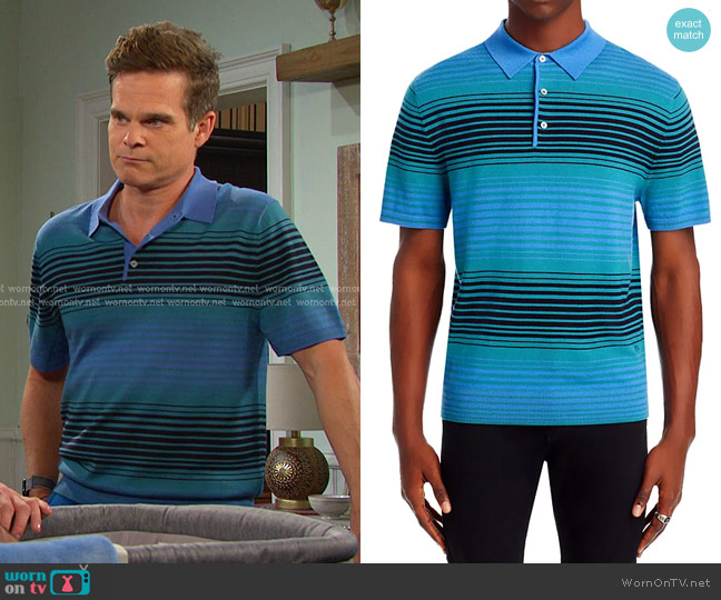 PS Paul Smith Merino Wool Stripe Sweater Knit Regular Fit Polo Shirt worn by Leo Stark (Greg Rikaart) on Days of our Lives