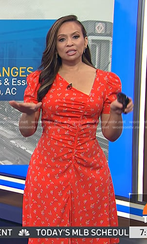 Adelle’s red floral asymmetric neck dress on Today