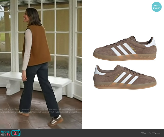 Adidas Gazelle Indoor Sneaker in Earth Strata/White/Gold worn by Molly Hunter on Today