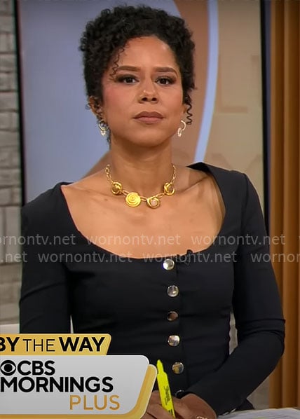 Adriana Diaz’s black button-front top on CBS Mornings