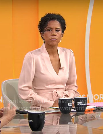 Adriana Diaz’s blush pink satin wrap dress on CBS Mornings
