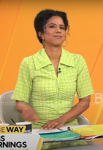 Adriana Diaz’s green plaid zip-front dress on CBS Mornings