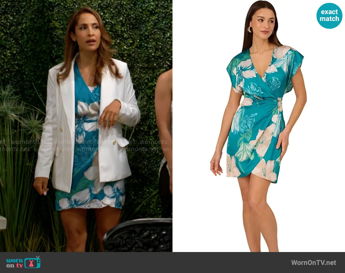 Adrianna by Adrianna Papell Short Sleeve Tropical Floral Short Wrap Dress In Blue Multi worn by Lily Winters (Christel Khalil) on The Young and the Restless