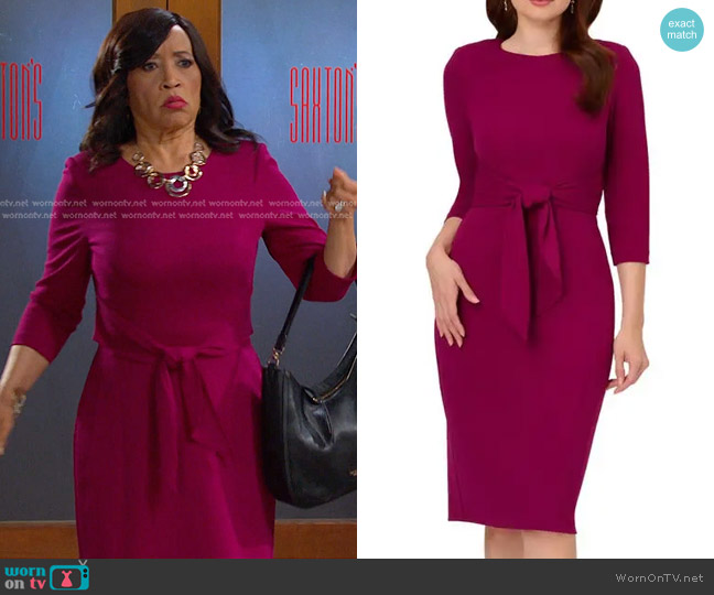 Adrianna Papell Tie Waist Crepe Sheath Dress in Wildberry worn by Paulina Price (Jackée Harry) on Days of our Lives