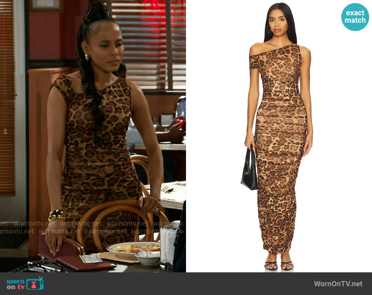 AFRM Biona Dress in Cocoa Leopard worn by Hayley Lawson (Marquita Goings) on Beyond the Gates