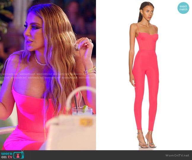 Alex Perry Paxton Cup Corset Catsuit in Strawberry worn by Larsa Pippen (Larsa Pippen) on The Real Housewives of Miami