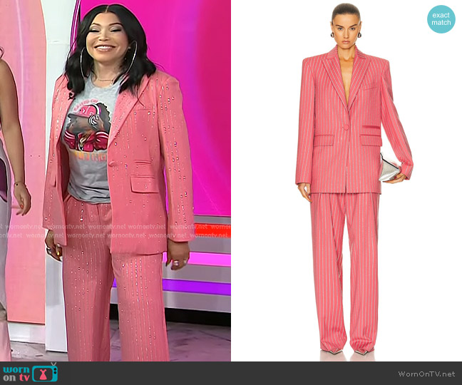 Alex Perry Oversized Crystal Pinstripe Blazer in Garnet Rose worn by Tisha Campbell on Today