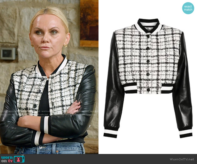 Alice + Olivia Camela Cropped Tweed Jacket in White worn by Galyna Saltkovska on The McBee Dynasty Real American Cowboys
