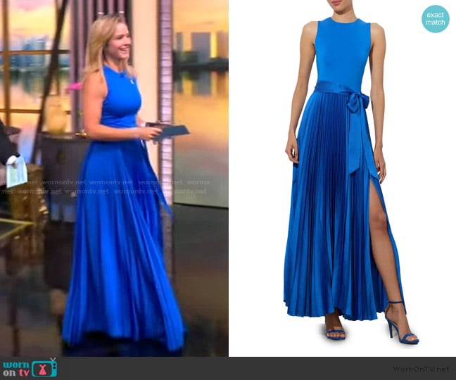 Alice + Olivia Chara Pleated Sleeveless Maxi Dress worn by Sara Haines on The View