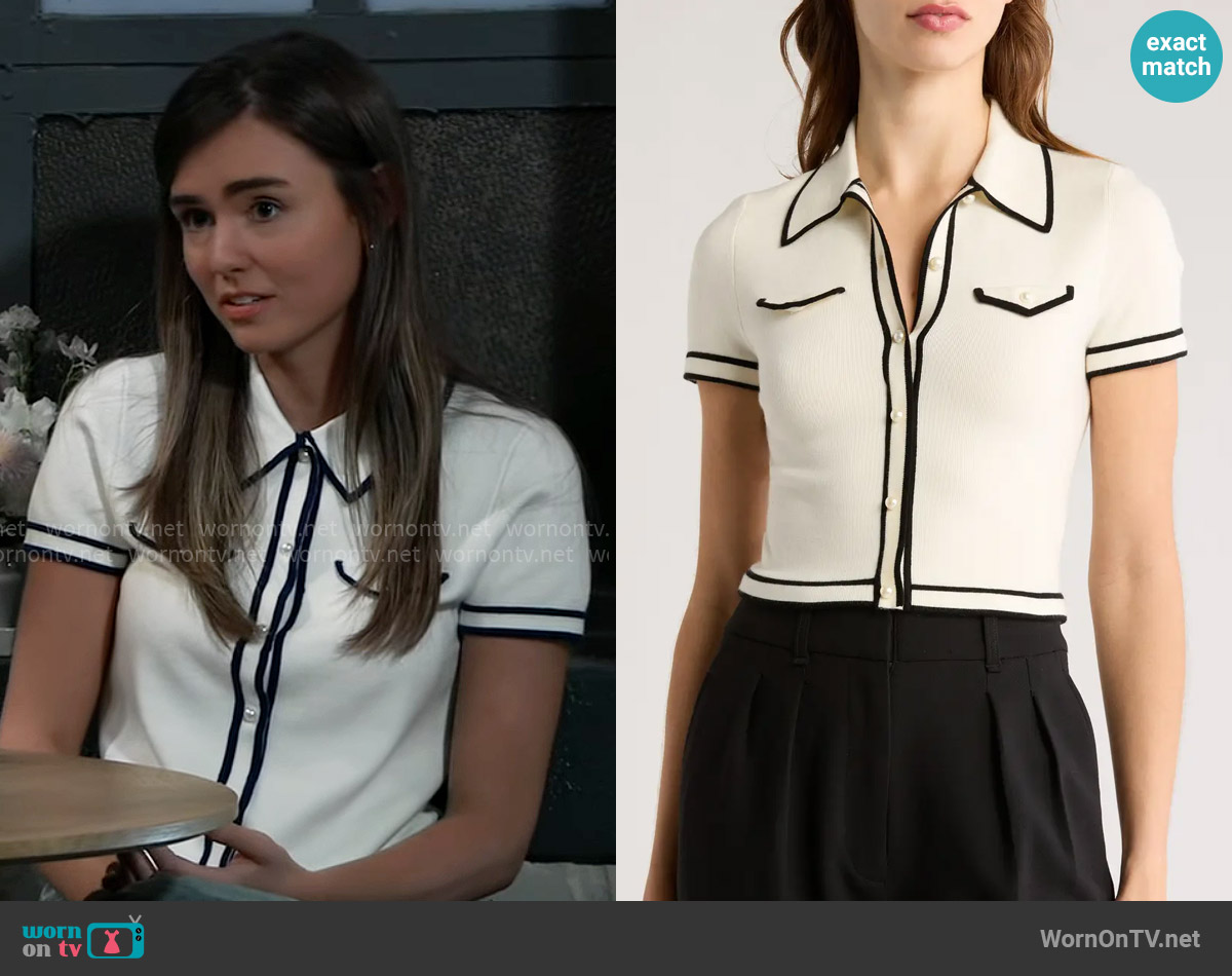 Alice + Olivia Marlena Knit Contrast-Trim Shirt worn by Emma Scorpio-Drake (Braedyn Bruner) on General Hospital