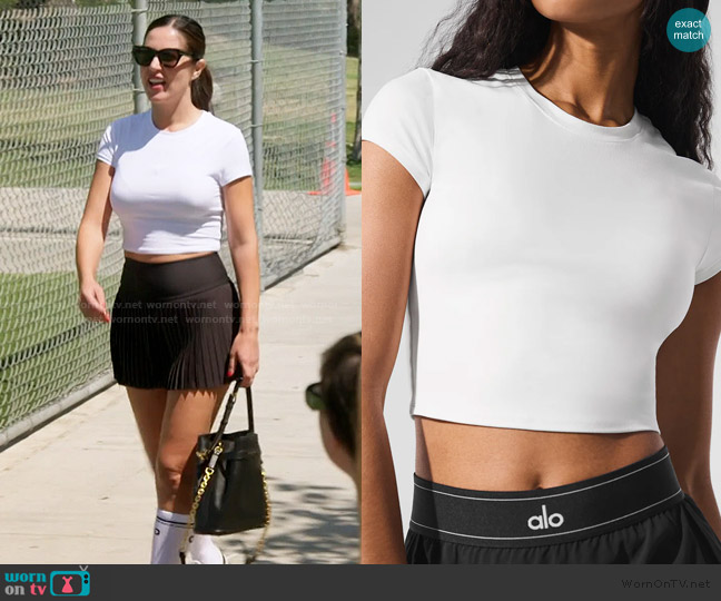 Alo Yoga Soft Crop Finesse Short Sleeve Top worn by Michelle Saniei on The Valley